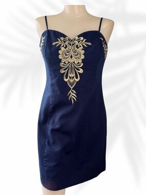 Lilly Pulitzer Navy Blue Spaghetti Strap Cocktail Dress with Gold Embroidery